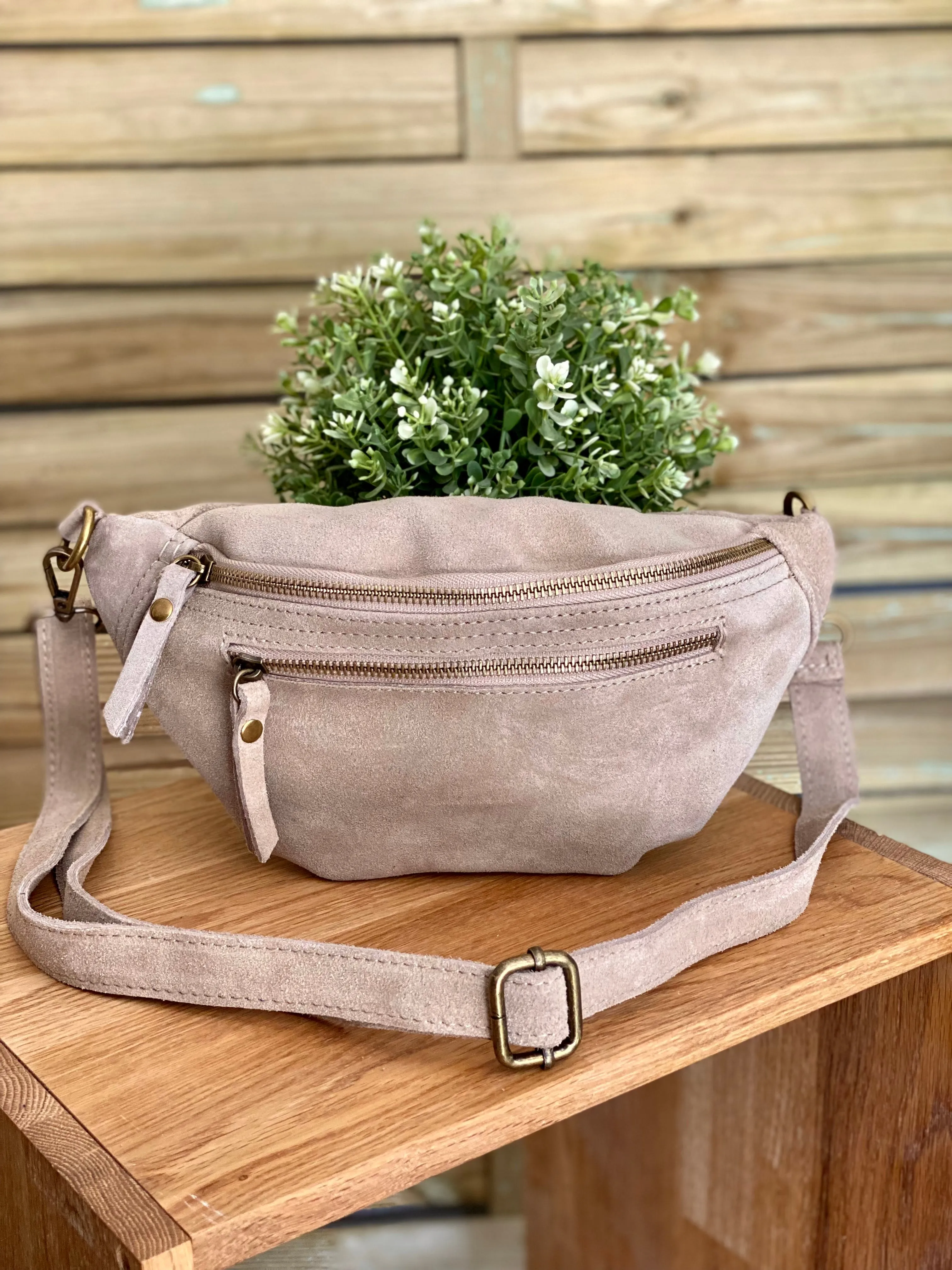 Sac banane double poche en cuir daim - OPALINE - Beige (14 coloris)