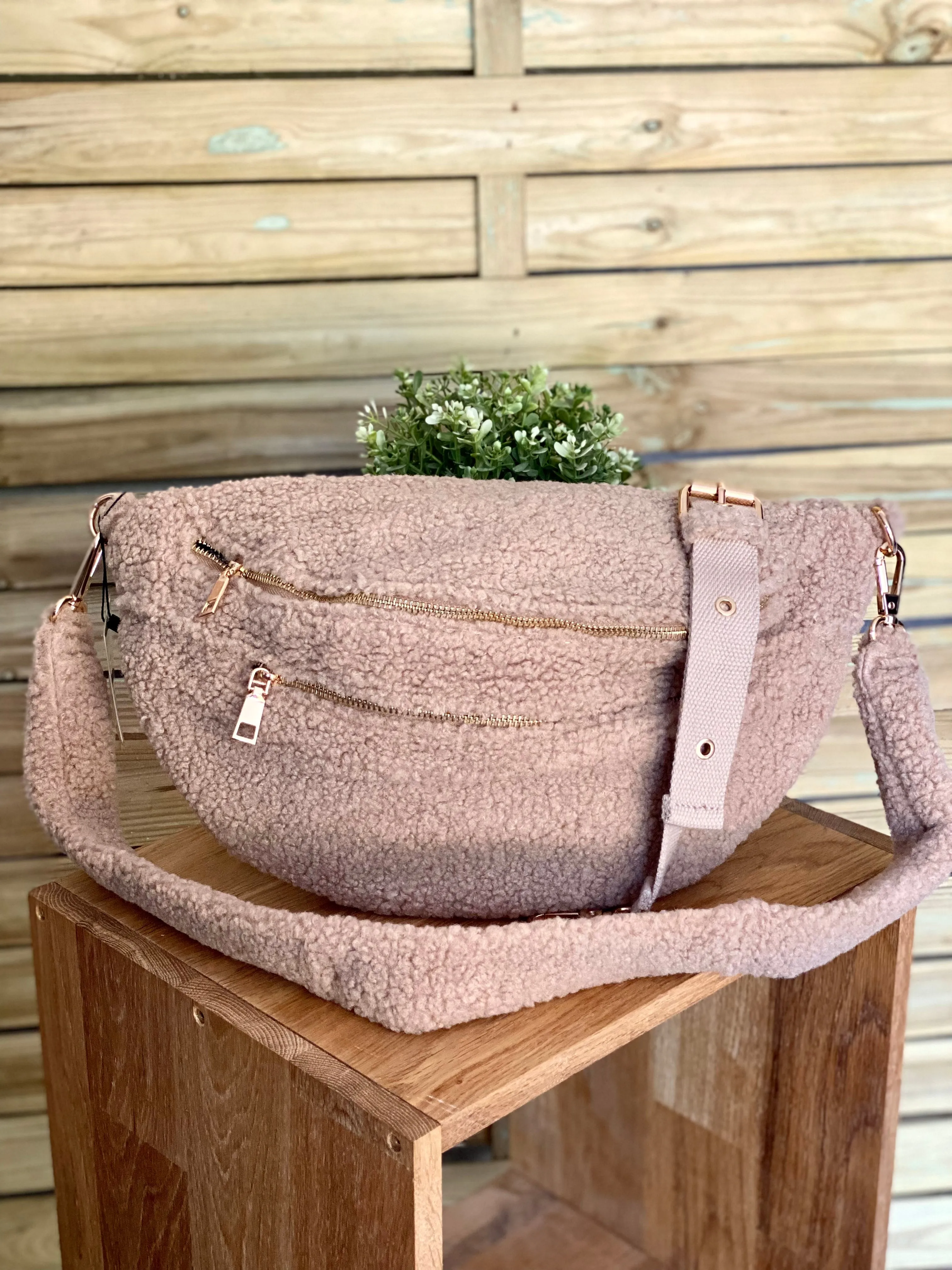 Sac banane XL double poche en moumoute 2 sangles inclues - BILLIE - Beige