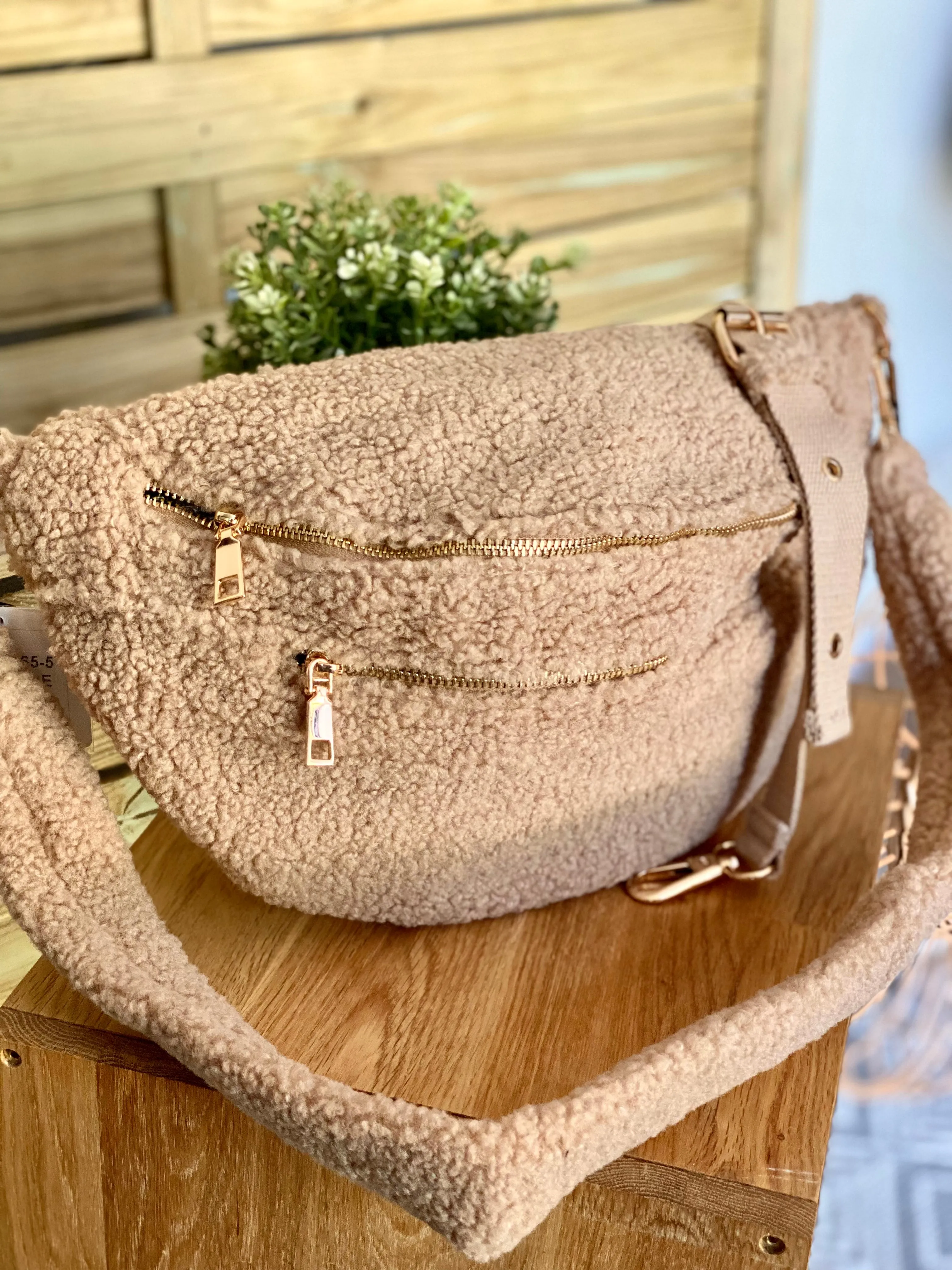 Sac banane XL double poche en moumoute 2 sangles inclues - BILLIE - Beige