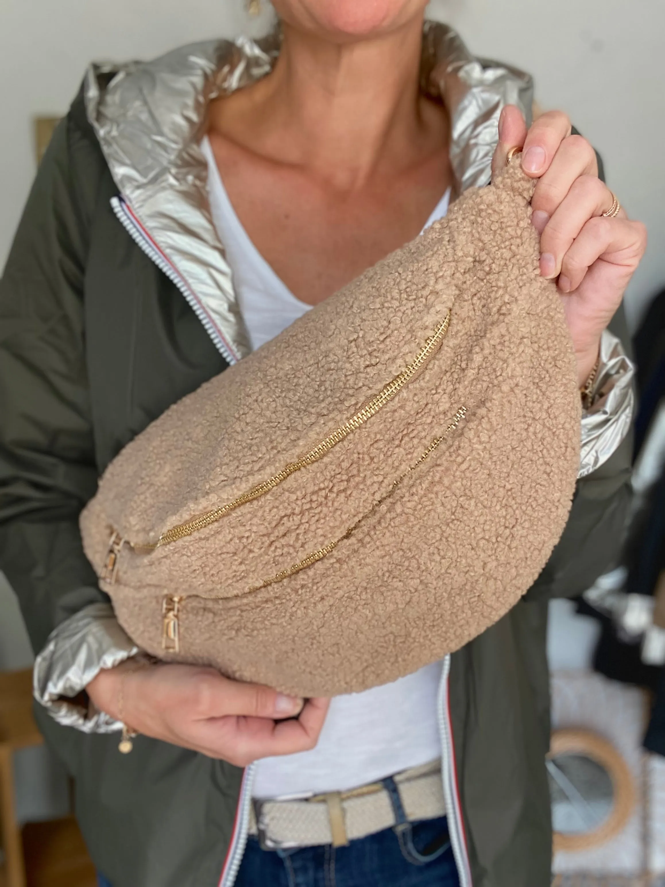 Sac banane XL double poche en moumoute 2 sangles inclues - BILLIE - Beige