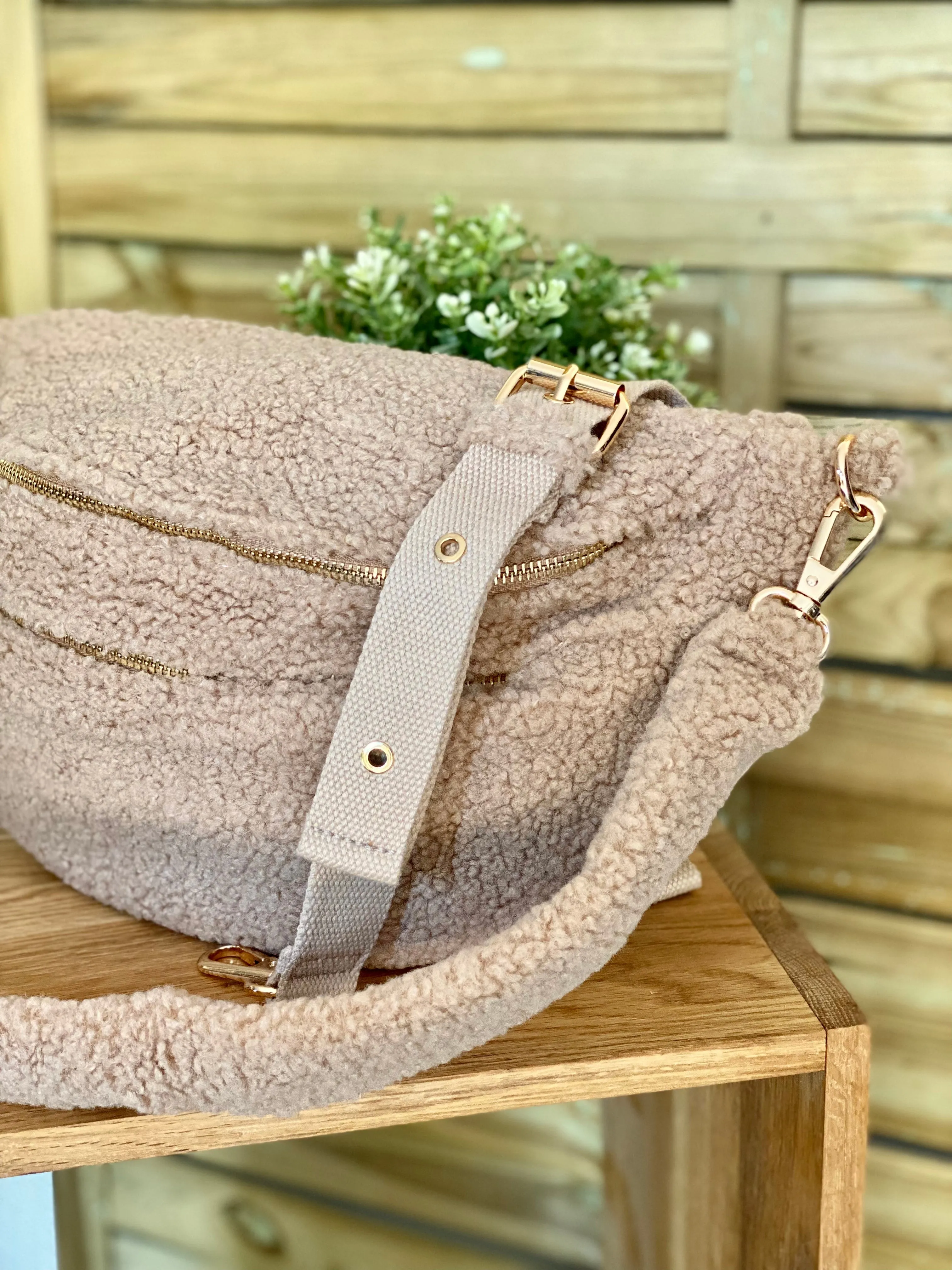 Sac banane XL double poche en moumoute 2 sangles inclues - BILLIE - Beige