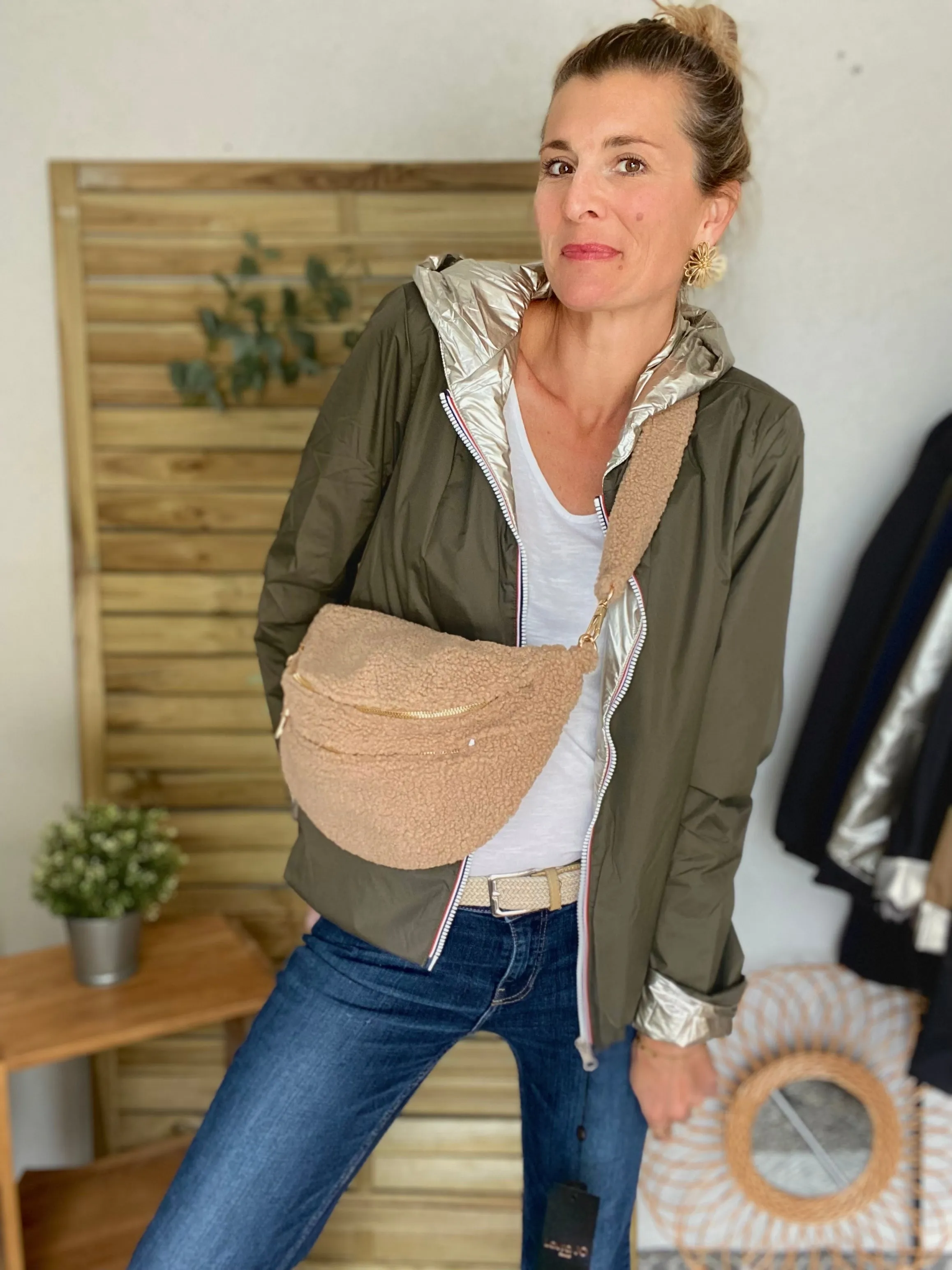 Sac banane XL double poche en moumoute 2 sangles inclues - BILLIE - Beige