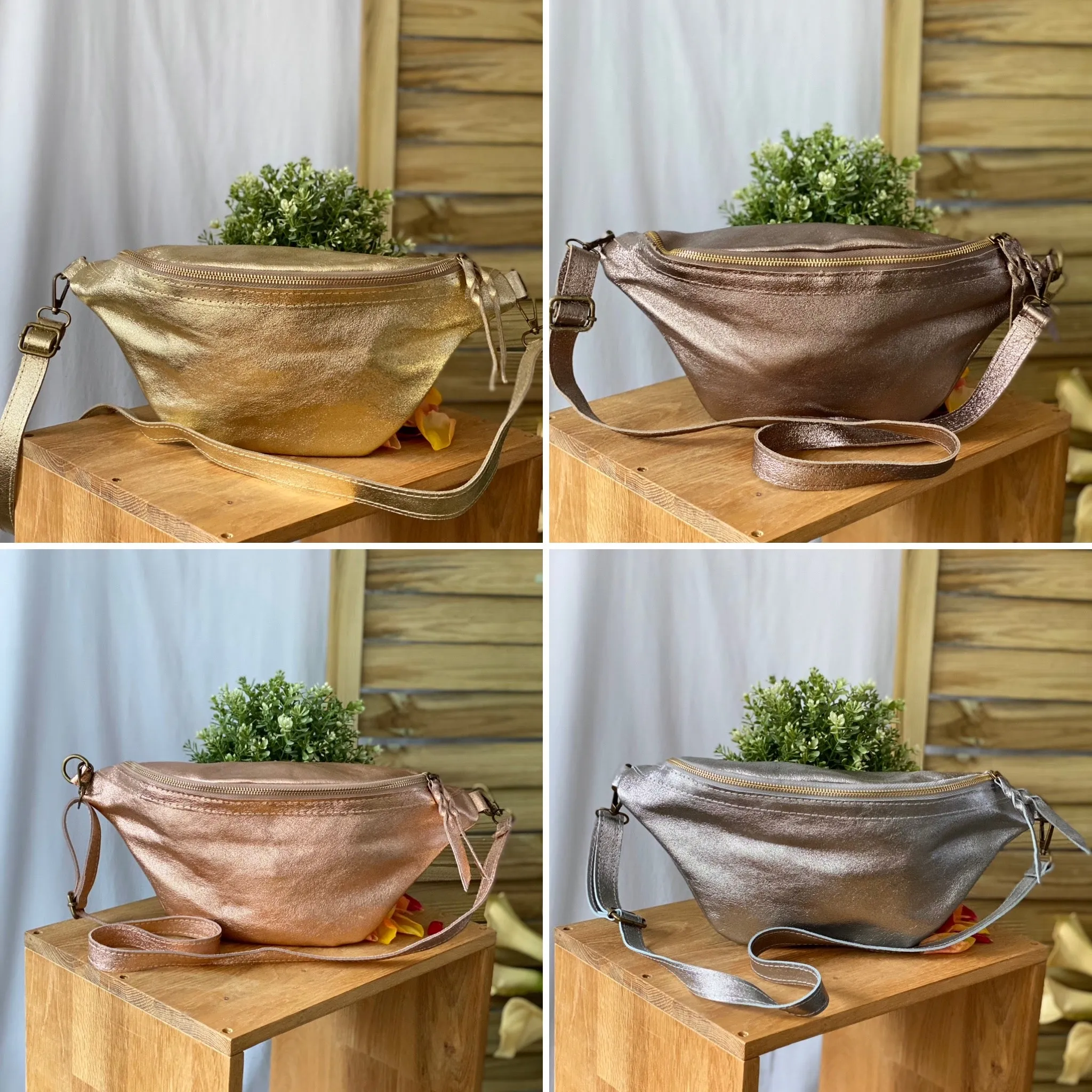 Sac banane XL en cuir irisé - JADE - Doré