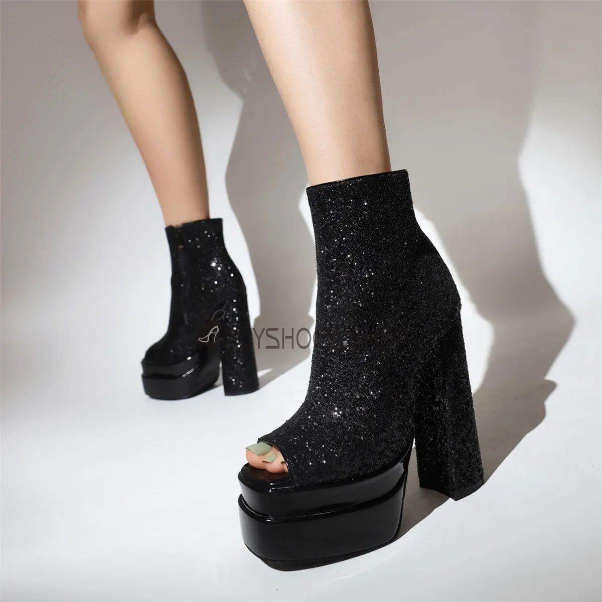 Talon Carré Brillante Talon Epais Bottines Femme Fermeture Éclair Plateforme A Talon Paillettes Bout Ouvert Moderne Noir