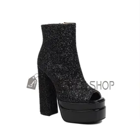 Talon Carré Brillante Talon Epais Bottines Femme Fermeture Éclair Plateforme A Talon Paillettes Bout Ouvert Moderne Noir