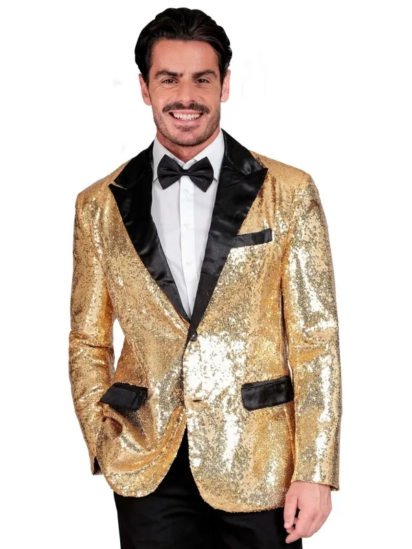 Veste à Paillettes Dorées avec Col Satin pour Homme – L'alliance Parfaite de l'Audace et de l'Élégance