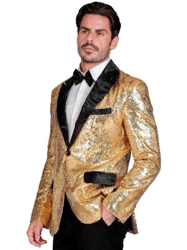 Veste à Paillettes Dorées avec Col Satin pour Homme – L'alliance Parfaite de l'Audace et de l'Élégance