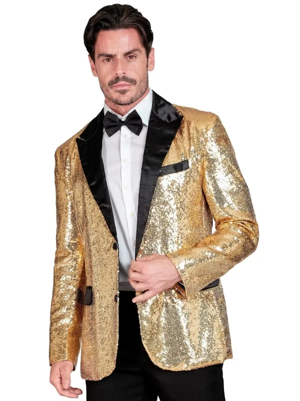 Veste à Paillettes Dorées avec Col Satin pour Homme – L'alliance Parfaite de l'Audace et de l'Élégance